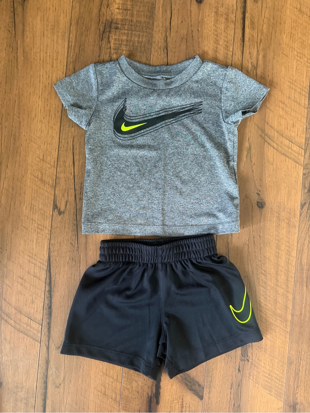 Nike Gray Tee & Black Shorts Set with Neon Yellow Swoosh